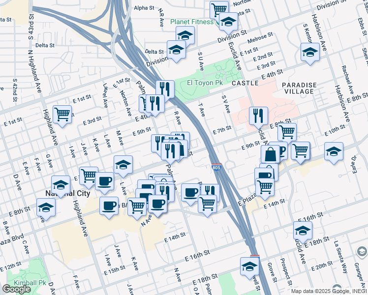 map of restaurants, bars, coffee shops, grocery stores, and more near 702 R Avenue in National City