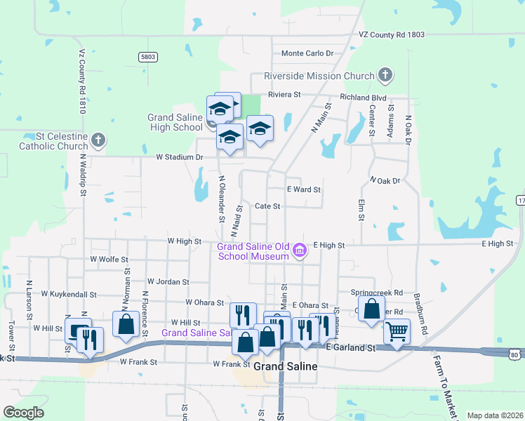 map of restaurants, bars, coffee shops, grocery stores, and more near 1000 North Spring Street in Grand Saline