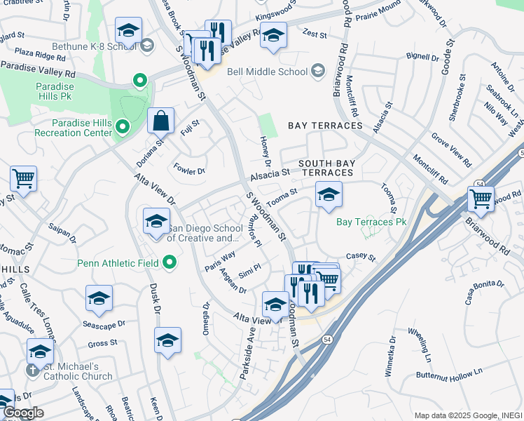 map of restaurants, bars, coffee shops, grocery stores, and more near South Woodman Street & Tooma Street & Ramfos Place in San Diego