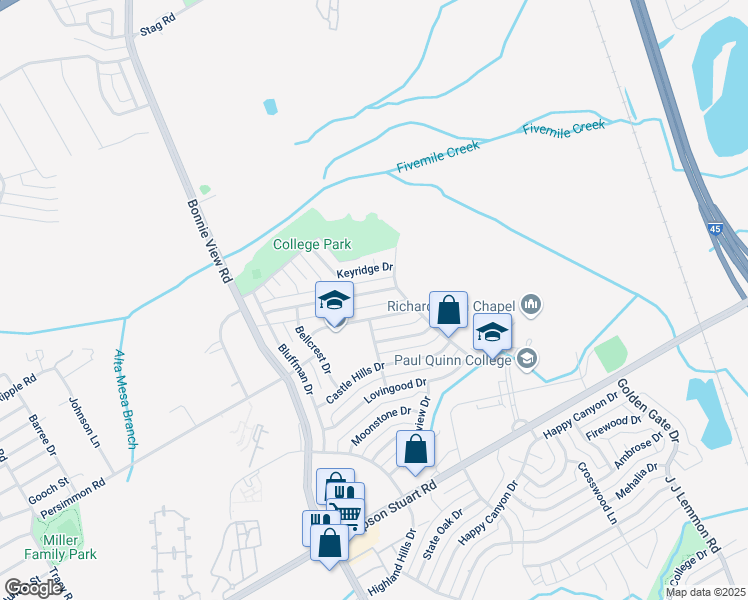 map of restaurants, bars, coffee shops, grocery stores, and more near 3821 Golden Hills Drive in Dallas