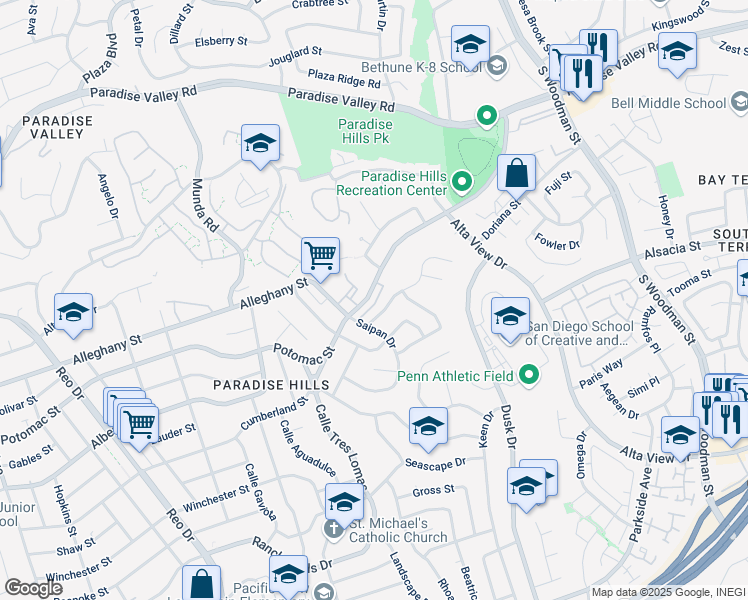 map of restaurants, bars, coffee shops, grocery stores, and more near 6365 Potomac Street in San Diego