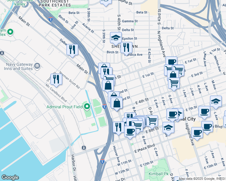 map of restaurants, bars, coffee shops, grocery stores, and more near 127 Main Street in National City
