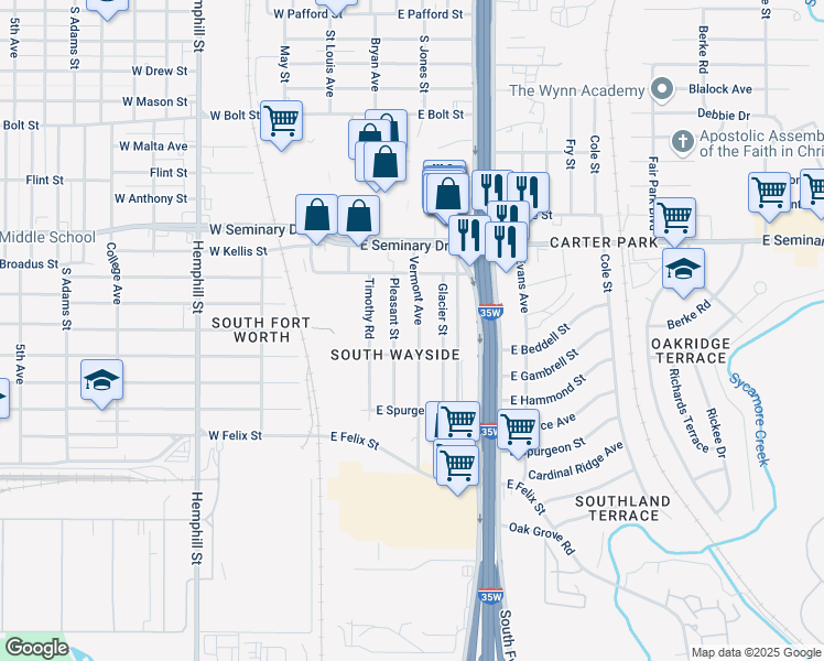 map of restaurants, bars, coffee shops, grocery stores, and more near 4459 Vermont Avenue in Fort Worth
