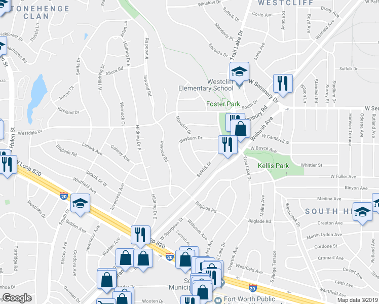 map of restaurants, bars, coffee shops, grocery stores, and more near 4509 Norwich Drive in Fort Worth