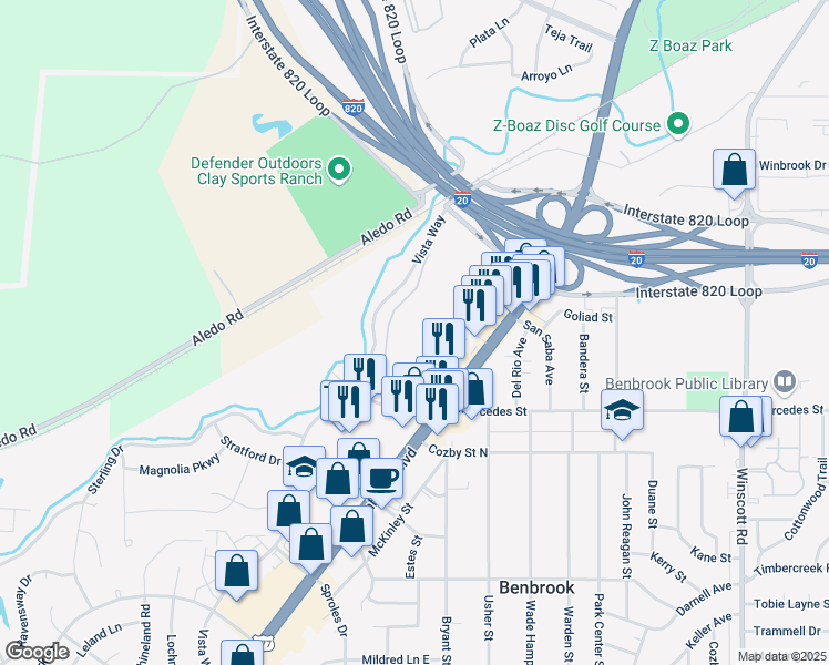 map of restaurants, bars, coffee shops, grocery stores, and more near 8650 Benbrook Boulevard in Benbrook