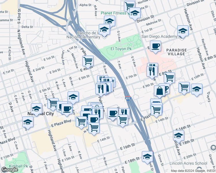 map of restaurants, bars, coffee shops, grocery stores, and more near 702 R Avenue in National City