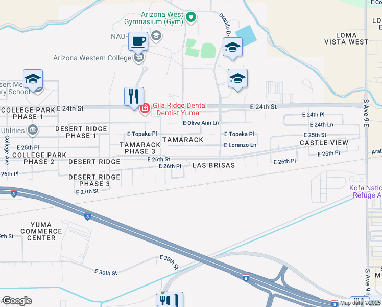 map of restaurants, bars, coffee shops, grocery stores, and more near 8160 East 26th Street in Yuma