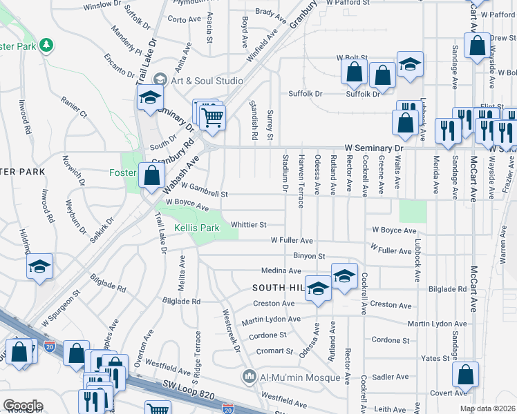 map of restaurants, bars, coffee shops, grocery stores, and more near 3412 West Boyce Avenue in Fort Worth