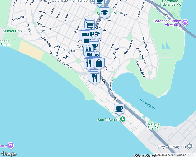 map of restaurants, bars, coffee shops, grocery stores, and more near 1500 Orange Avenue in Coronado