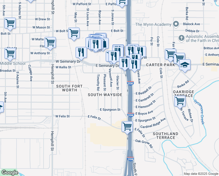 map of restaurants, bars, coffee shops, grocery stores, and more near 4459 Vermont Avenue in Fort Worth
