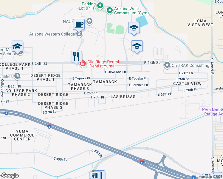 map of restaurants, bars, coffee shops, grocery stores, and more near 8168 East 26th Street in Yuma