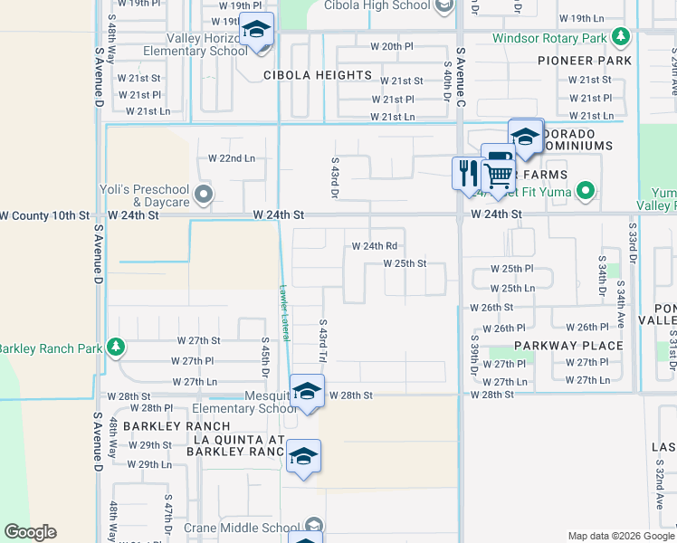 map of restaurants, bars, coffee shops, grocery stores, and more near 4331 West 25th Place in Yuma