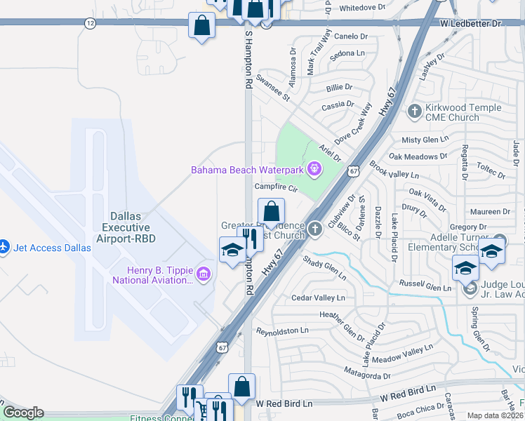 map of restaurants, bars, coffee shops, grocery stores, and more near 5318 South Hampton Road in Dallas