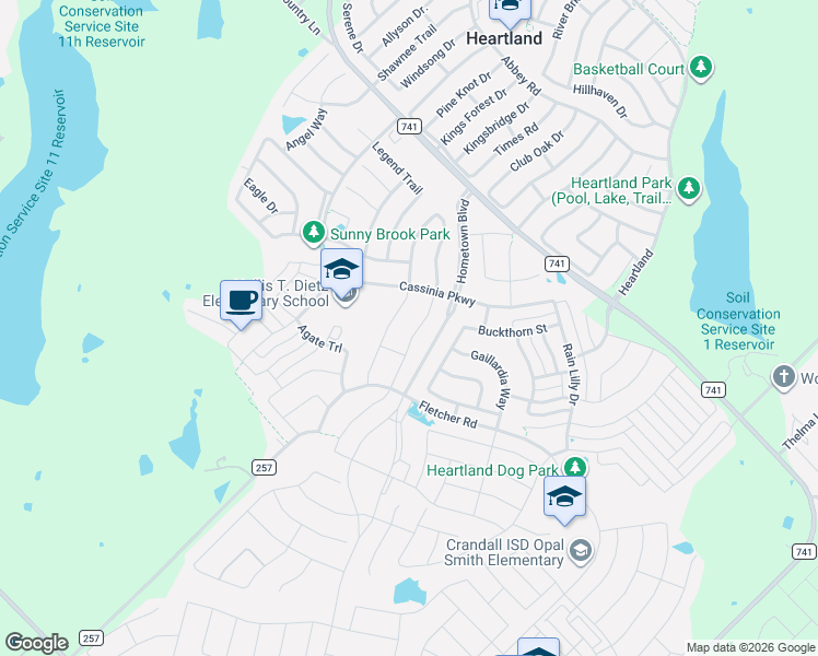 map of restaurants, bars, coffee shops, grocery stores, and more near 2017 Indigo Lane in Forney