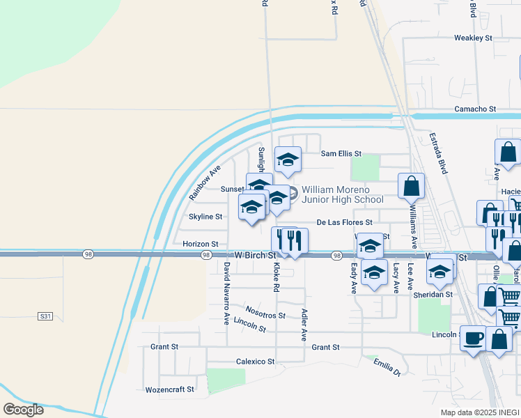 map of restaurants, bars, coffee shops, grocery stores, and more near 1201 Kloke Road in Calexico