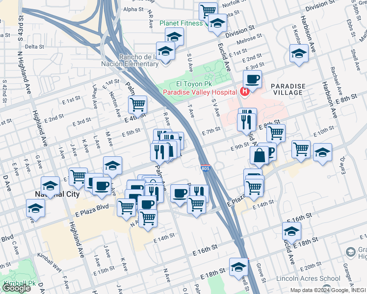map of restaurants, bars, coffee shops, grocery stores, and more near 742 Mariposa Circle in National City