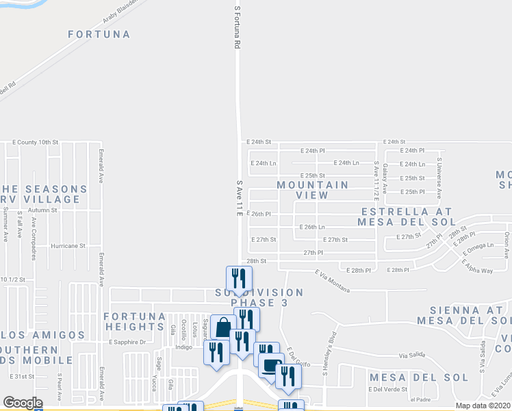 map of restaurants, bars, coffee shops, grocery stores, and more near 11149 East 26th Street in Yuma