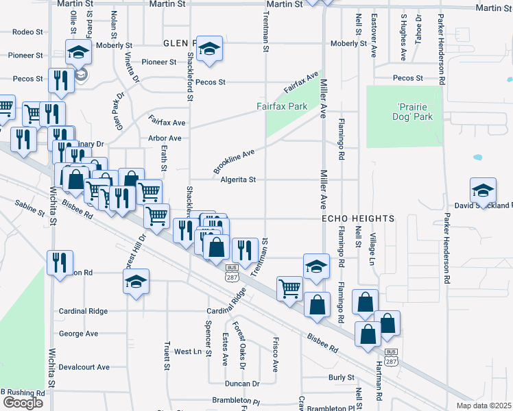 map of restaurants, bars, coffee shops, grocery stores, and more near 5218 Trentman Street in Fort Worth