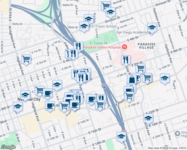 map of restaurants, bars, coffee shops, grocery stores, and more near 742 Mariposa Circle in National City