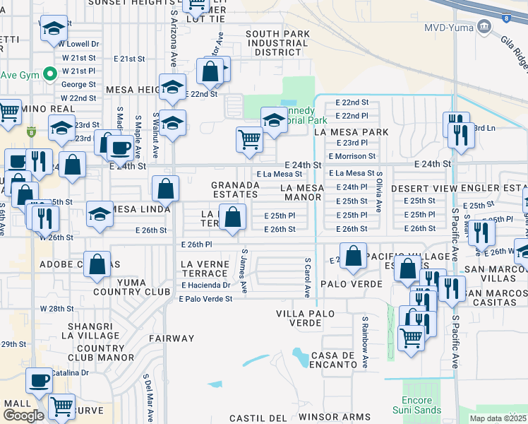 map of restaurants, bars, coffee shops, grocery stores, and more near 909 E 25th St in Yuma