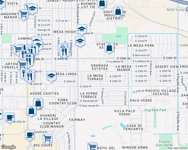 map of restaurants, bars, coffee shops, grocery stores, and more near 715 East 25th Street in Yuma