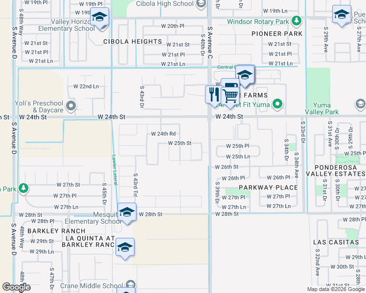 map of restaurants, bars, coffee shops, grocery stores, and more near 4184 West 25th Street in Yuma