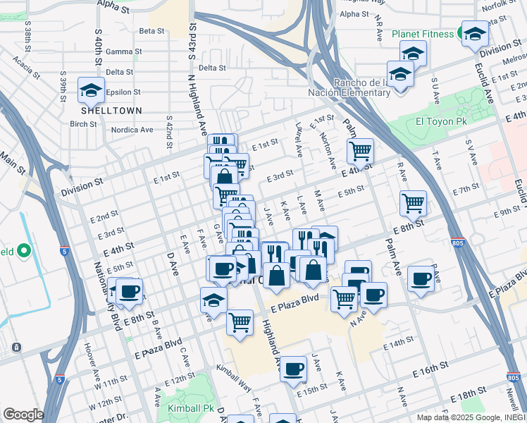 map of restaurants, bars, coffee shops, grocery stores, and more near 436 J Avenue in National City