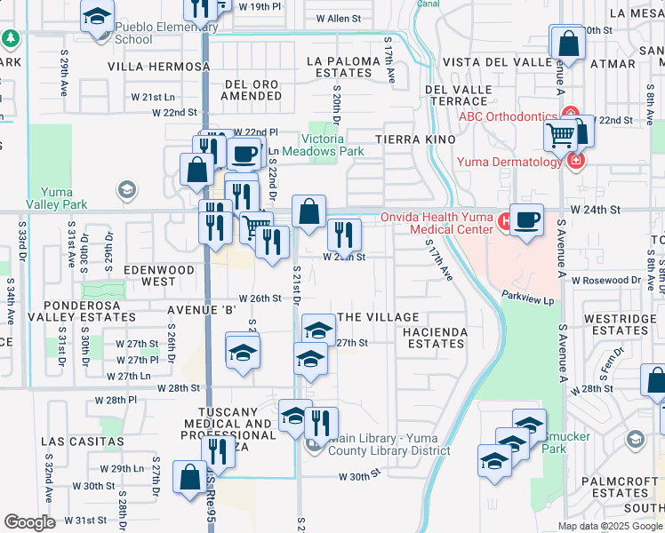 map of restaurants, bars, coffee shops, grocery stores, and more near 1991 West 25th Street in Yuma