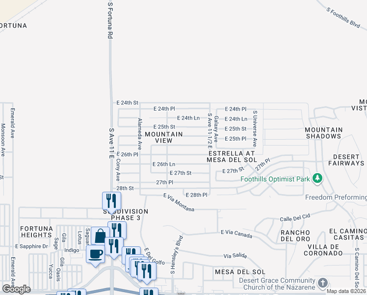 map of restaurants, bars, coffee shops, grocery stores, and more near 11376 East 26th Street in Yuma