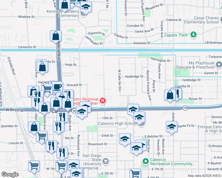 map of restaurants, bars, coffee shops, grocery stores, and more near 1213 West Calle De Oro in Calexico