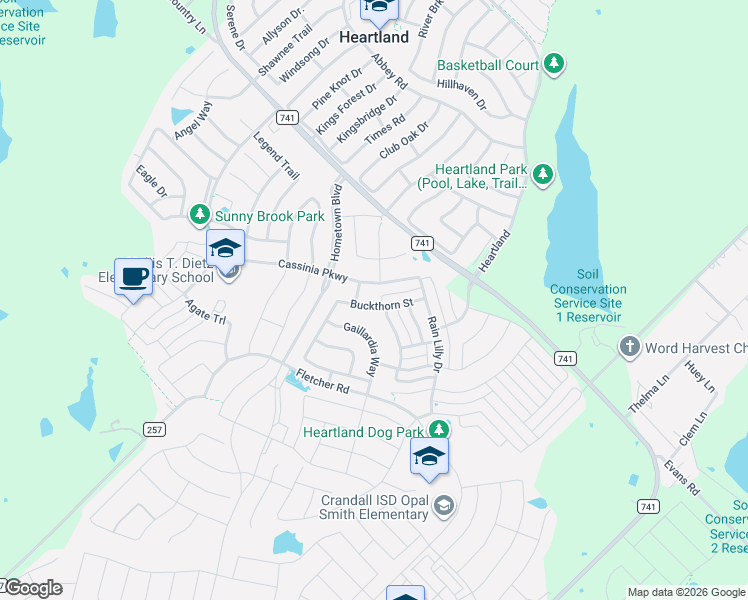 map of restaurants, bars, coffee shops, grocery stores, and more near 3105 Cassinia Parkway in Heartland