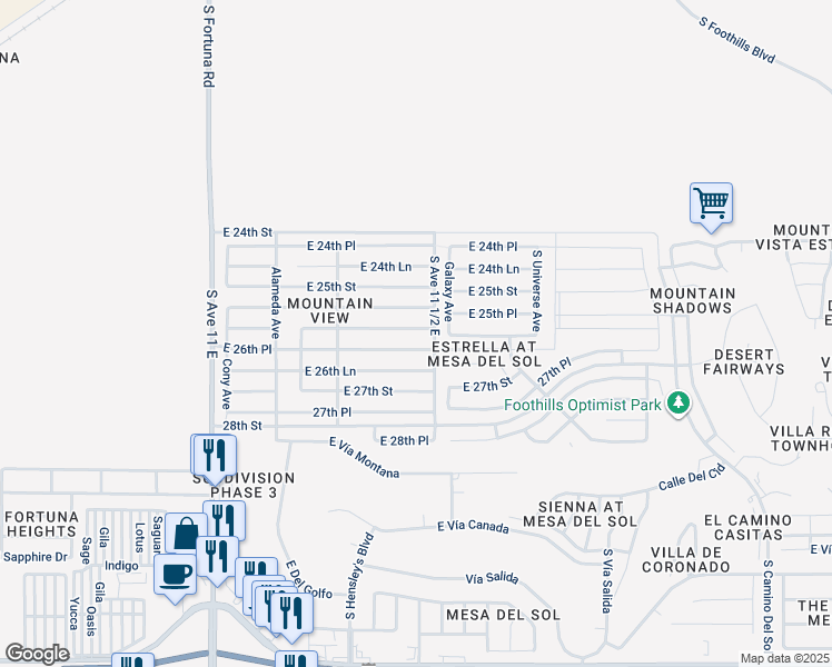 map of restaurants, bars, coffee shops, grocery stores, and more near 11457 East 26th Street in Yuma