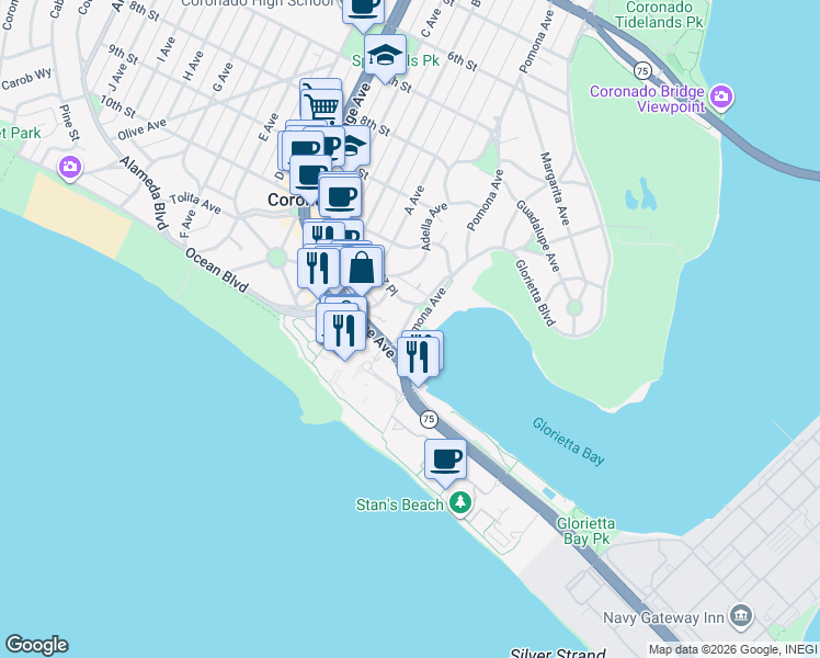 map of restaurants, bars, coffee shops, grocery stores, and more near 1624 Pomona Avenue in Coronado