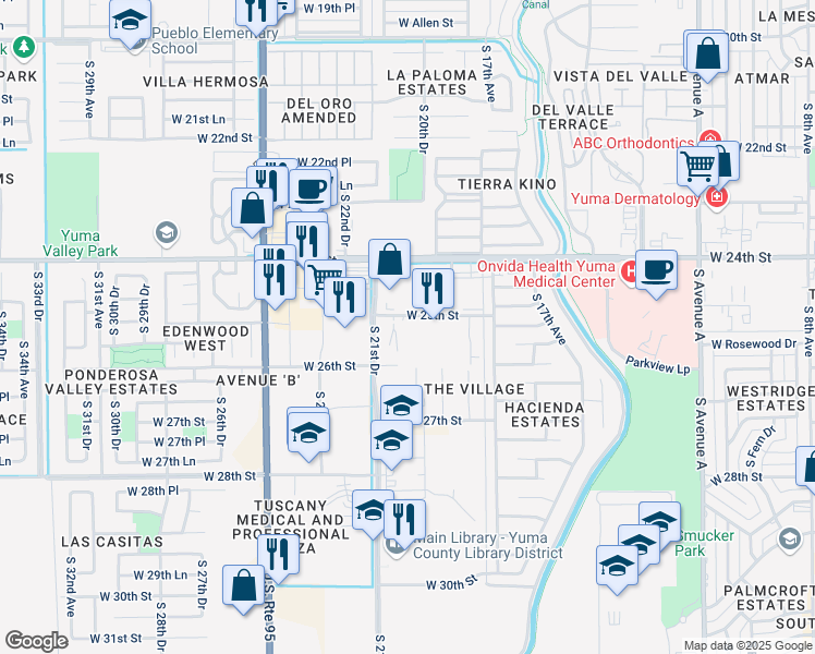 map of restaurants, bars, coffee shops, grocery stores, and more near 2051 West 25th Street in Yuma
