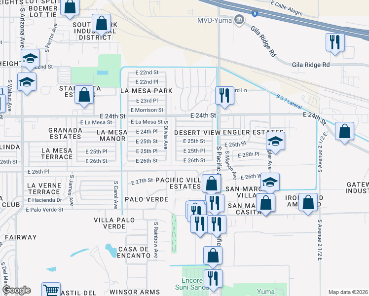 map of restaurants, bars, coffee shops, grocery stores, and more near 2033 East 25th Street in Yuma