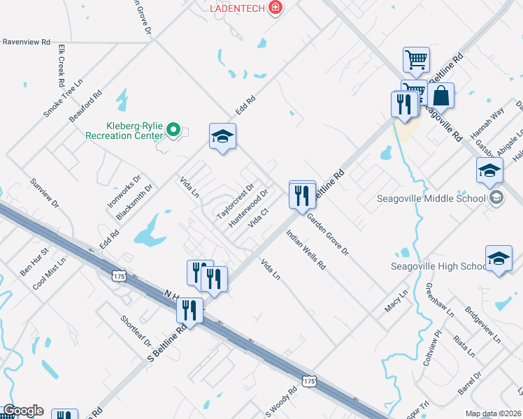 map of restaurants, bars, coffee shops, grocery stores, and more near 1540 Hunterwood Drive in Dallas