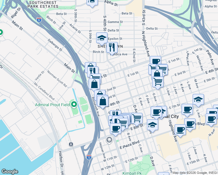 map of restaurants, bars, coffee shops, grocery stores, and more near 104 East 1st Street in National City