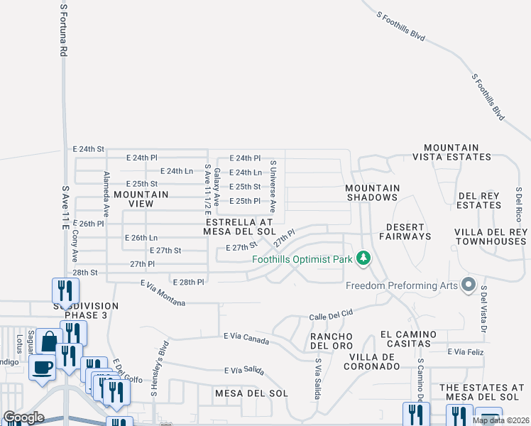 map of restaurants, bars, coffee shops, grocery stores, and more near 11651 East 25th Place in Yuma