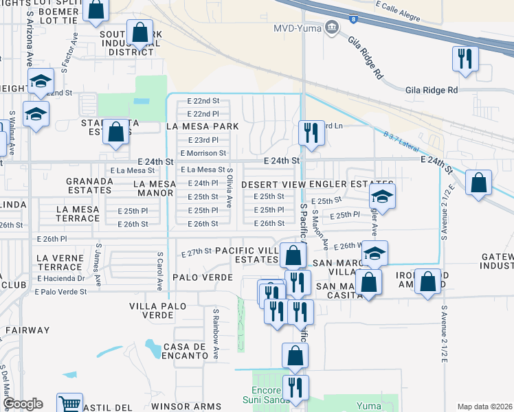 map of restaurants, bars, coffee shops, grocery stores, and more near 2033 East 25th Street in Yuma