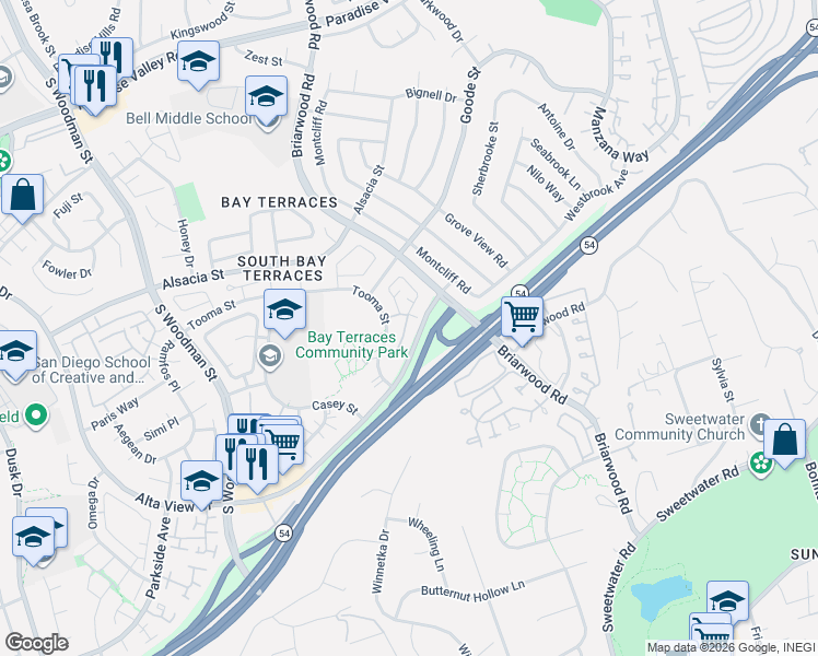 map of restaurants, bars, coffee shops, grocery stores, and more near 7373 Tooma Street in San Diego
