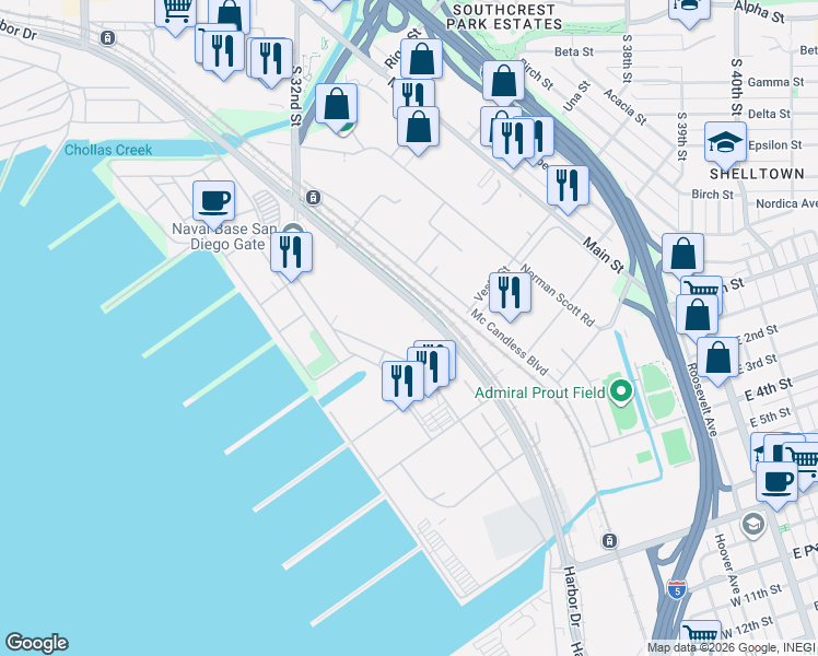 map of restaurants, bars, coffee shops, grocery stores, and more near in San Diego
