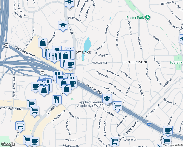 map of restaurants, bars, coffee shops, grocery stores, and more near 4355 Lanark Avenue in Fort Worth