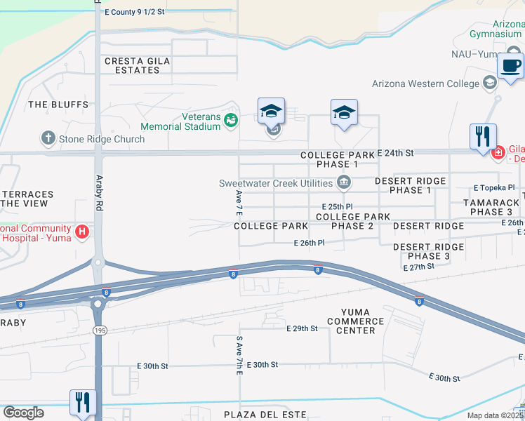 map of restaurants, bars, coffee shops, grocery stores, and more near 7173 East 25th Place in Yuma
