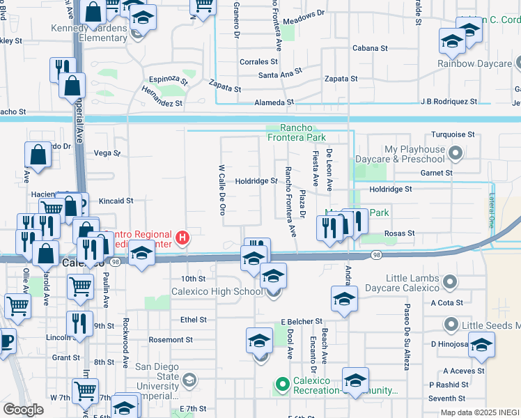 map of restaurants, bars, coffee shops, grocery stores, and more near 1207 East Calle De Oro in Calexico