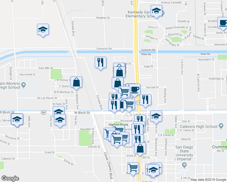map of restaurants, bars, coffee shops, grocery stores, and more near 1527 Ollie Avenue in Calexico