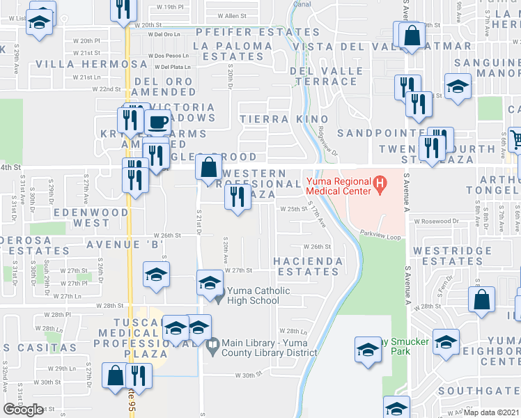 map of restaurants, bars, coffee shops, grocery stores, and more near 1841A West 25th Street in Yuma