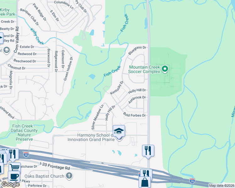 map of restaurants, bars, coffee shops, grocery stores, and more near 3807 Kentucky Court in Grand Prairie