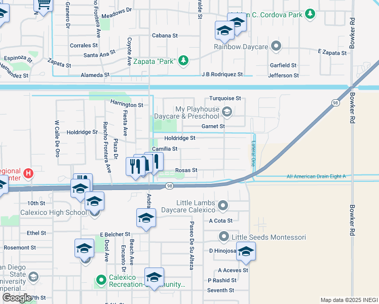 map of restaurants, bars, coffee shops, grocery stores, and more near 1154 Camilia Street in Calexico