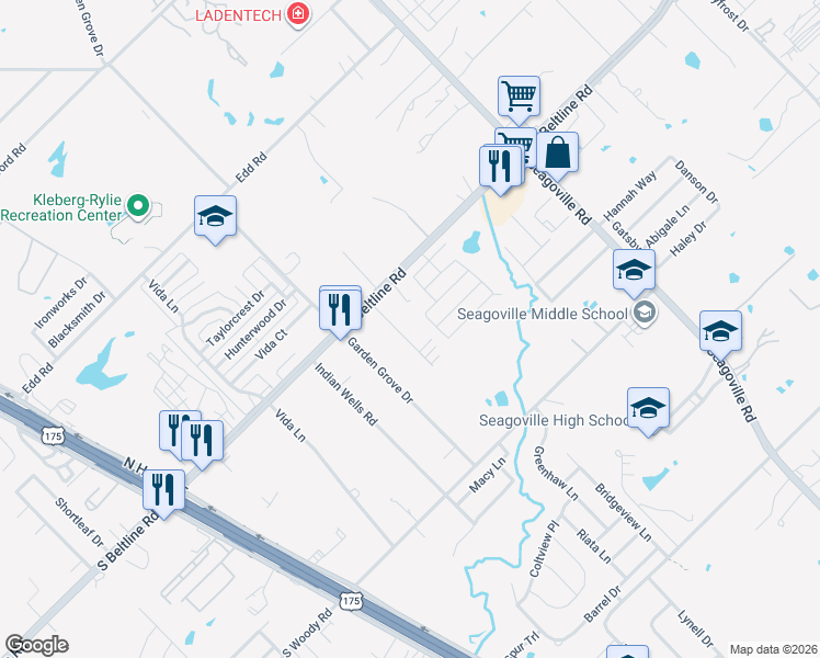 map of restaurants, bars, coffee shops, grocery stores, and more near 13657 Biggs Street in Dallas