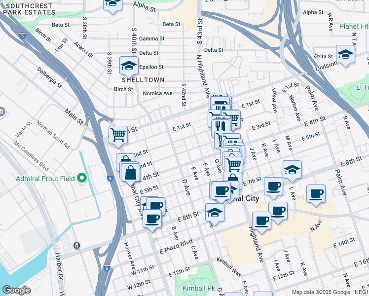 map of restaurants, bars, coffee shops, grocery stores, and more near 441 East 3rd Street in National City